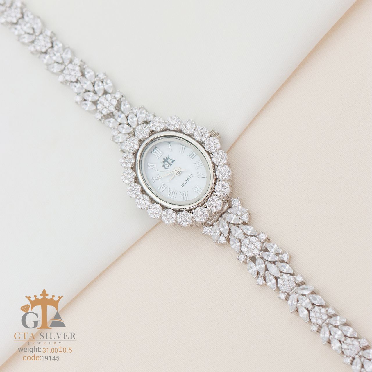 GTA Silver Watch – ساعت زنانه مجلسی با نگین‌های برلیان و مارکیز، ترکیبی از ظرافت و شکوه