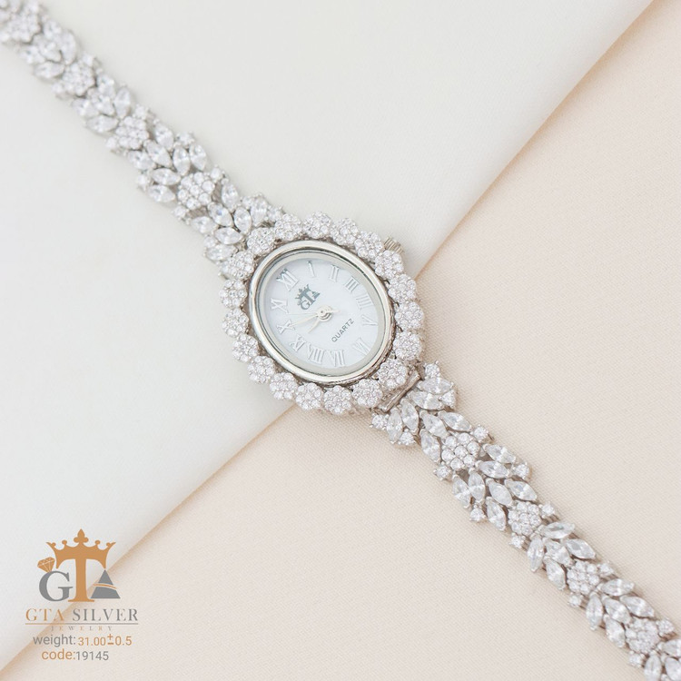 GTA Silver Watch – ساعت زنانه مجلسی با نگینهای برلیان و مارکیز، ترکیبی از ظرافت و شکوه
