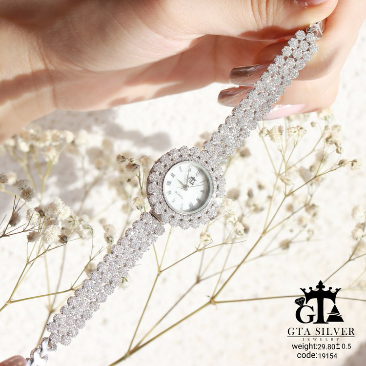 ساعت زنانه نقره 925 مدل لوکس GTA Silver با طراحی نگینکاری شده و موتور Quartz"