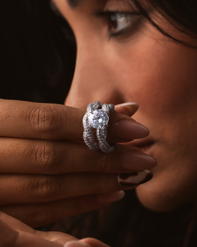 ست حلقه و پشت حلقه نقره 925 Bridal Jewelry Set با نگین شفاف Sparkling Diamond Look