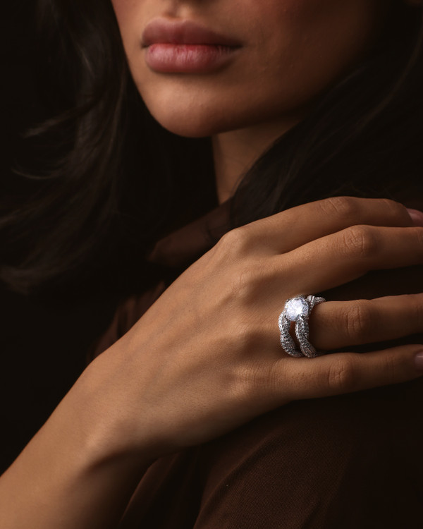 انگشتر عروس و پشت حلقه نقره 925 Engagement Silver Ring با آبکاری Rhodium Plated